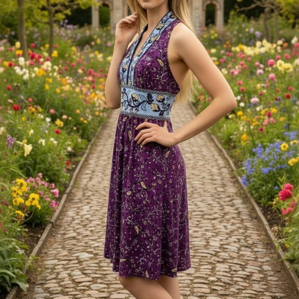 Wisp Ryenne Purple Floral Print V-Neck Sleeveless Dress Women's  Size 2 NWT